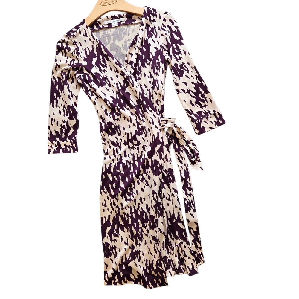 Diane Von Furstenberg Cream and Deep Purple Wrap Mini Dress with Abstract Print